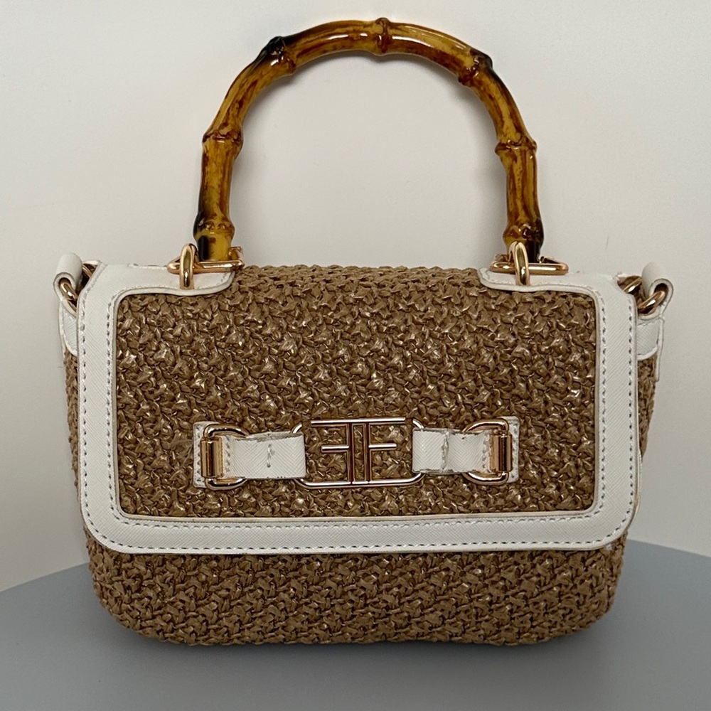 Studio F Chic Tan and White Satchel with Bamboo Handle